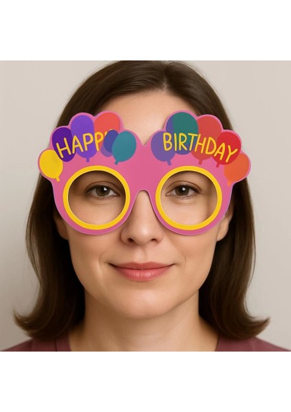 Balon Desenli Karton Doğum Günü Gözlükleri 6 Adet Pembe Renk