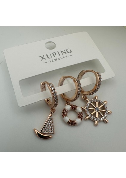 3'lü Denizci Modelli Küpe Seti - Gold Renk XUPING Paslanmaz Çelik fırsatları