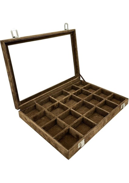 Kahverengi 20 Bölmeli Kadife Takı Kutusu, Şık ve Kullanışlı Organizer