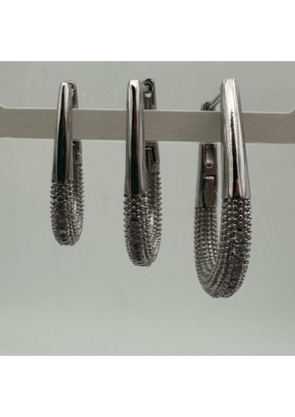 Gümüş Renkli 316L Paslanmaz Çelik Üçlü Kadın Taşlı Küpe Seti