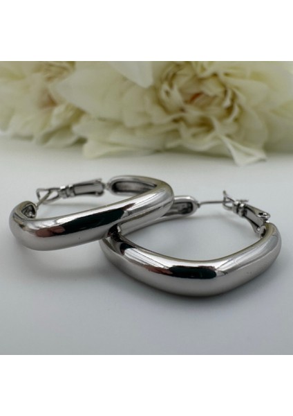 Gümüş Renk 316L Paslanmaz Çelik Kadın Dikdörtgen Halka Küpe | Günlük ve Özel Gün Kullanım