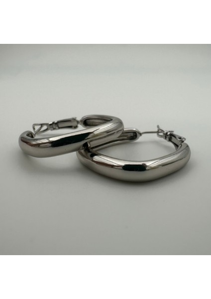 Gümüş Renk 316L Paslanmaz Çelik Kadın Dikdörtgen Halka Küpe | Günlük ve Özel Gün Kullanım modelleri