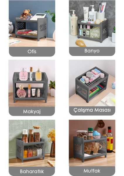 Çift Katlı Çok Amaçlı Makyaj ve Takı Organizer, Antrasit Renk, 2 Parça modelleri