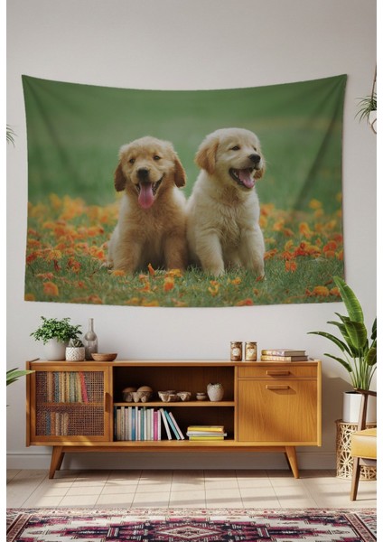 Tatlı Köpekler Yavrusu Golden Duvar Örtüsü Halısı Duvar Sanatı Duvar Dekorasyonu Dekoratif Tapestry
