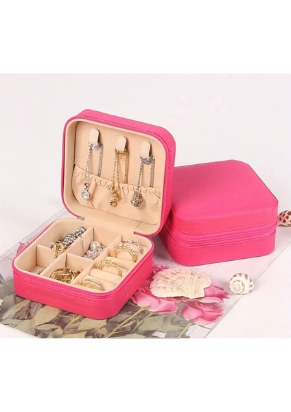 Pembe taşınabilir takı kutusu, fermuarlı seyahat organizeri, pratik ve şık tasarım