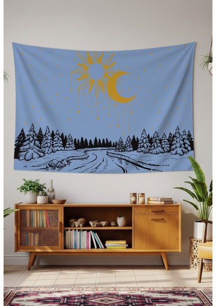 Ay Yıldız Orman Ağaç Bohem Duvar Örtüsü Halısı Duvar Sanatı Duvar Dekorasyonu Şık Dekoratif Tapestry