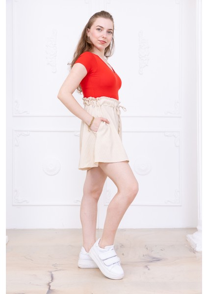 Pileli Keten Mini Şort