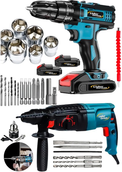Süper 2li 1500 Watt 2.28 Kırıcı Delici Matkap & 2x Akülü Şarjlı Vidalama Matkap 30 Pcs Set