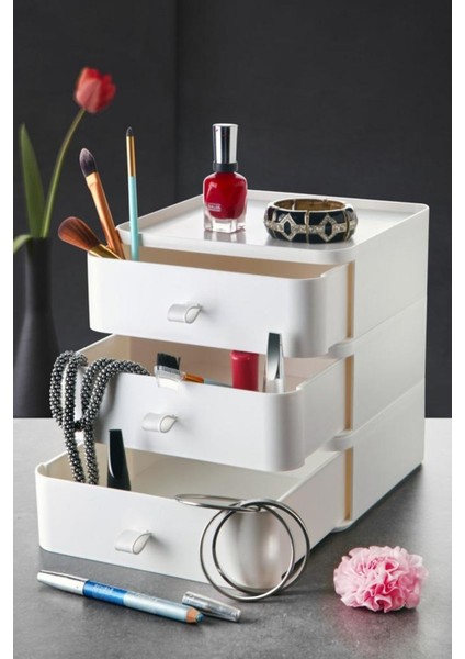 3 Katlı Çok Amaçlı Takı ve Makyaj Kutusu Beyaz Organizer
