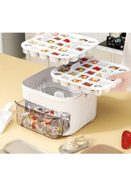 Taşınabilir Buz Küpü Yapıcı 25/50’li Çift Katmanlı Buz Saklama Tepsisi Kolay Basın Kapaklı Pratik Buz Kalıbı