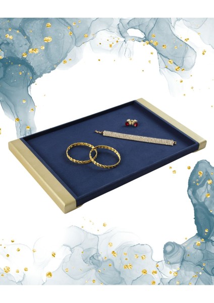 Lacivert ve gold detaylı şık servis ve takı standı seti, zarif tasarım, kumaş materyal