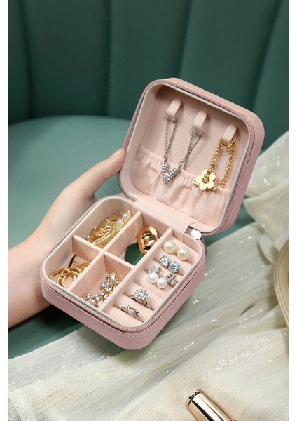 Pembe Deri Seyahat Takı Kutusu, Hafif ve Şık Tasarım, 1 Parça, Kumaş Malzeme indirimleri