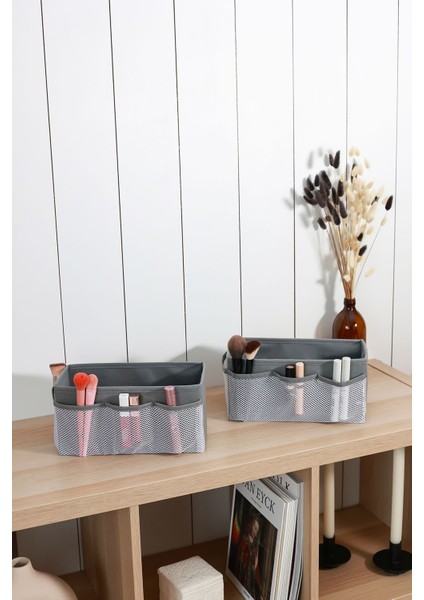 2'li Gri Makyaj ve Kozmetik Organizer Seti, Şık ve Düzenli Saklama Çözümü