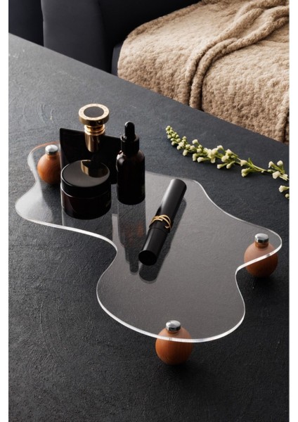 Turuncu ahşap top ayaklı şeffaf düzenleyici stand, şık ve kullanışlı tasarım