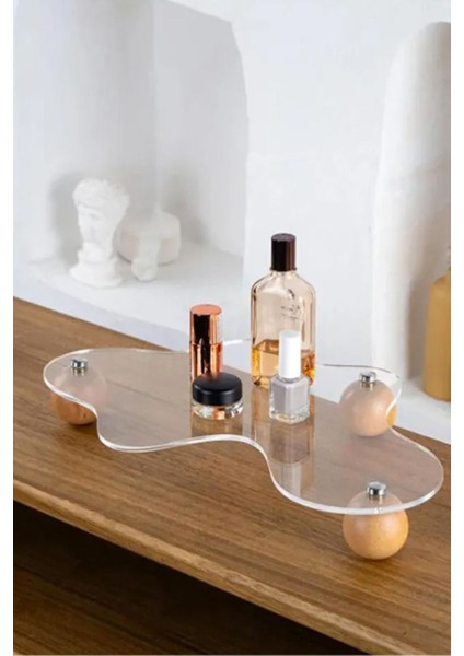 Turuncu ahşap top ayaklı şeffaf düzenleyici stand, şık ve kullanışlı tasarım fiyatları