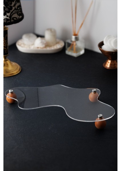 Turuncu ahşap top ayaklı şeffaf düzenleyici stand, şık ve kullanışlı tasarım fırsatları