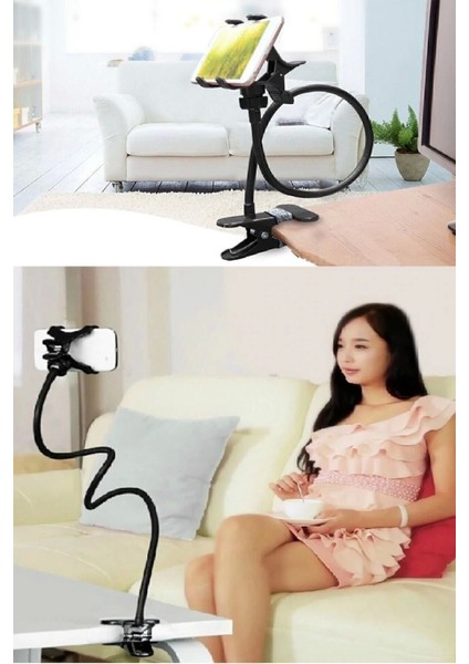 Şık masa üstü telefon ve tablet tutucu, siyah ve beyaz renk seçenekleriyle kolay kullanım