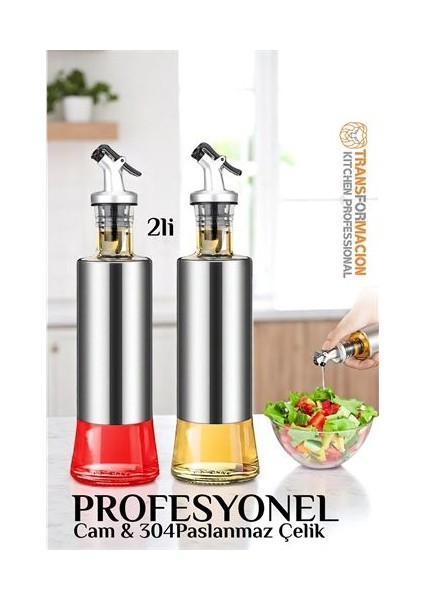 Yağ Sirke Şişesi Yağlık 304 Çelik ve Borosilikat Cam 2 Li Set