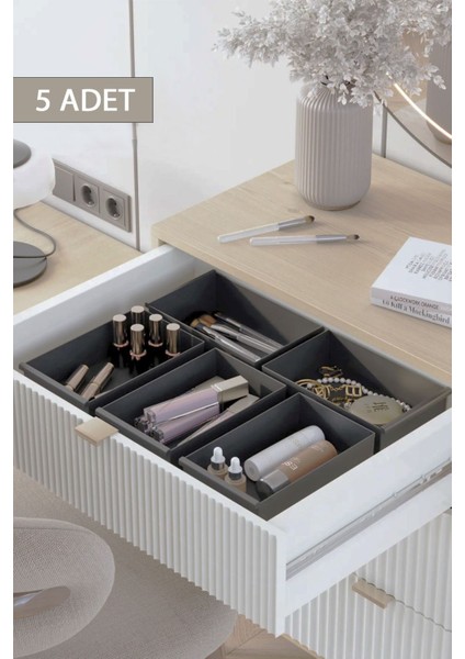 5'li Çok Amaçlı Çekmece İçi Düzenleyici Seti, Gri, Plastik, Parça Sayısı 5