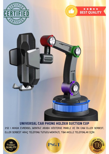 Araç içi telefon tutucu, ayarlanabilir, 360 dönebilir, vantuzlu, cam ve torpido uyumlu, siyah gümüş