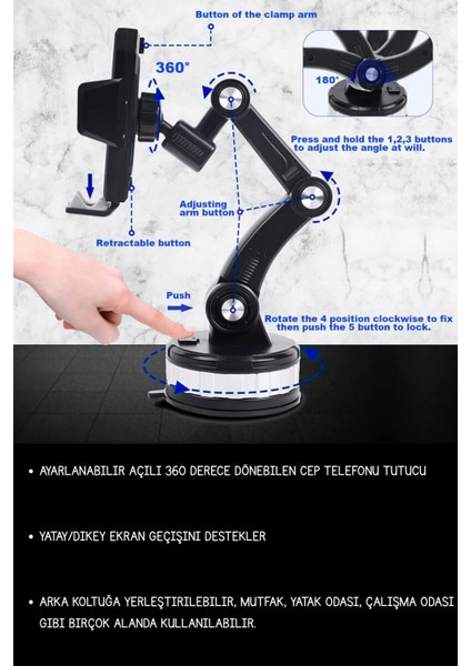Araç içi telefon tutucu, ayarlanabilir, 360 dönebilir, vantuzlu, cam ve torpido uyumlu, siyah gümüş fiyatları