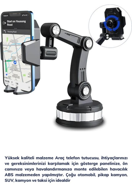 Araç içi telefon tutucu, ayarlanabilir, 360 dönebilir, vantuzlu, cam ve torpido uyumlu, siyah gümüş modelleri