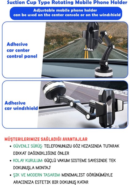 Araç içi telefon tutucu, ayarlanabilir, 360 dönebilir, vantuzlu, cam ve torpido uyumlu, siyah gümüş fırsatları