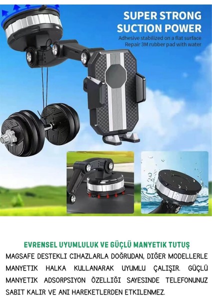 Araç içi telefon tutucu, ayarlanabilir, 360 dönebilir, vantuzlu, cam ve torpido uyumlu, siyah gümüş indirimleri