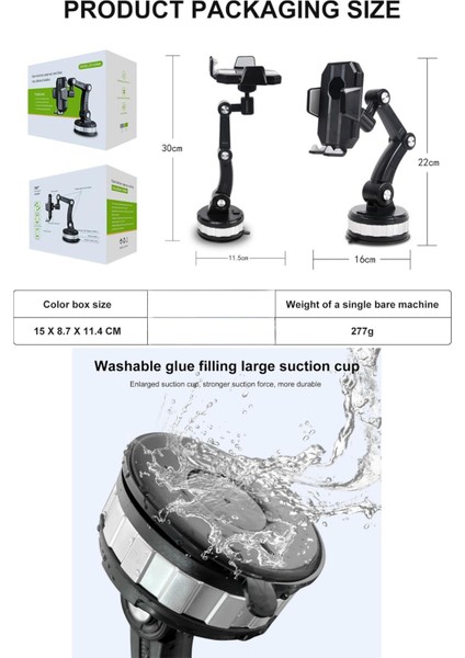 Araç içi telefon tutucu, ayarlanabilir, 360 dönebilir, vantuzlu, cam ve torpido uyumlu, siyah gümüş