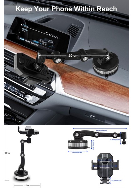 Araç içi telefon tutucu, ayarlanabilir, 360 dönebilir, vantuzlu, cam ve torpido uyumlu, siyah gümüş