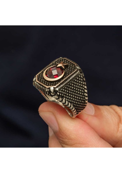 Gümüş Kırmızı Taşlı Ay Yıldız Erkek Yüzük