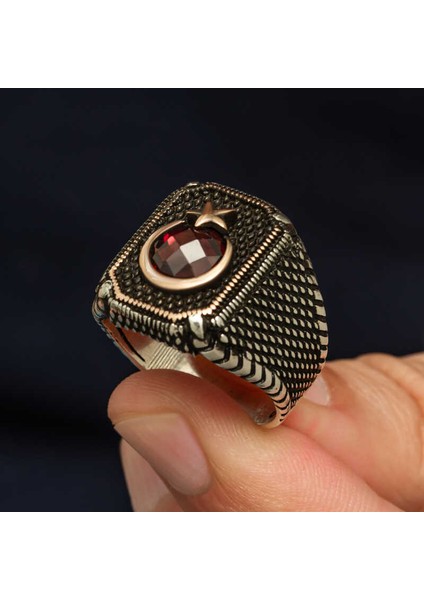 Gümüş Kırmızı Taşlı Ay Yıldız Erkek Yüzük fiyatları