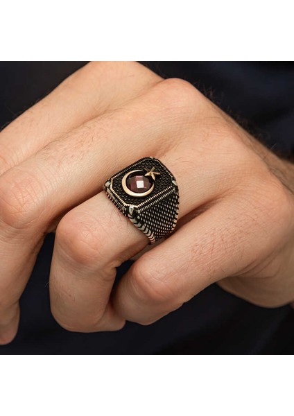 Gümüş Kırmızı Taşlı Ay Yıldız Erkek Yüzük modelleri