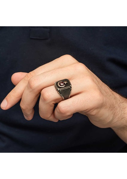 Gümüş Kırmızı Taşlı Ay Yıldız Erkek Yüzük fırsatları