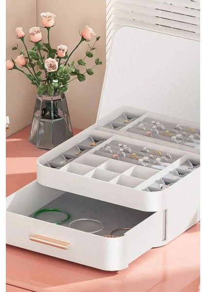 Beyaz Çok Bölmeli Aynalı Çekmeceli Makyaj ve Takı Organizeri, 1 parça fırsatları