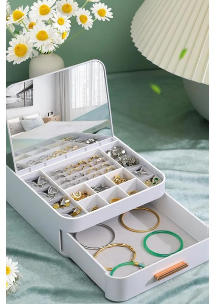 Beyaz Çok Bölmeli Aynalı Çekmeceli Makyaj ve Takı Organizeri, 1 parça