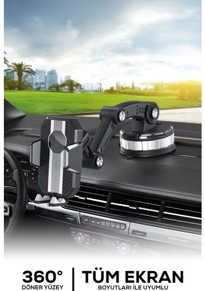 360° döner araç içi vakumlu telefon tutucu, siyah renk, sağlam ve kullanışlı
