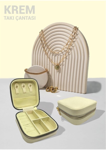 Şık ve pratik takı saklama kutusu, bej renk, kumaş tasarım, düzenleyici aksesuar