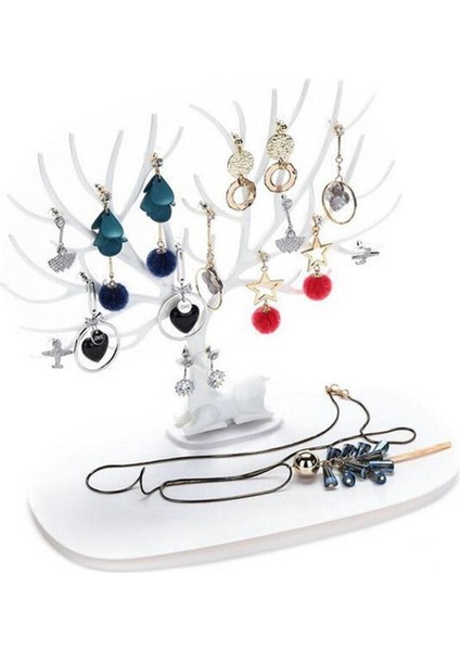 Beyaz Geyik Tasarımlı Takı Düzeni ve Saklama Ünitesi, 15 bölmeli, şık ve kullanışlı