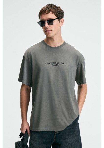 Pop Erkek %100 Pamuk Oversize Fit Baskılı Kısa Kollu Yuvarlak Yakalı Gri T-Shirt