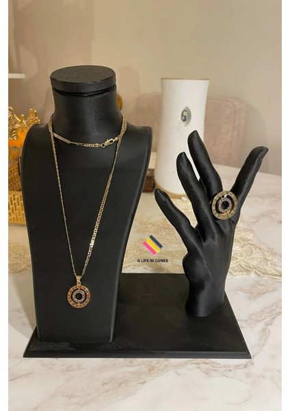 Şık dekoratif takı ve yüzük teşhir standı seti, siyah, plastik materyal, 1 parça