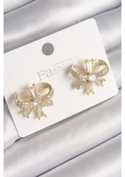 Mulvxxmd XDN02 Pirinç Gold Renk Zirkon Taşlı Fiyonk Model Kadın Küpe (Mulvix)