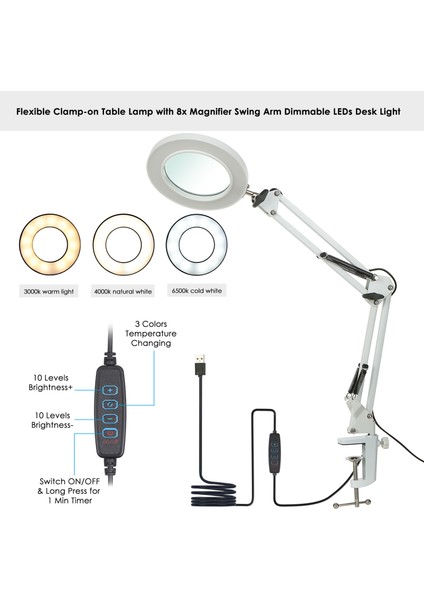 Neoglint Esnek Kelepçeli Masa Lambası 8x Büyüteç Salıncak Kolu Kısılabilir Led'ler Masa Lambası 3 Renk Modu ve 10 Parlaklık Seviyesi Okuma Çalışma Çalışma Işığı (Yurt Dışından) modelleri