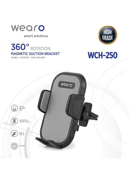 Araç içi 360° dönen telefon tutucu, klimalı ızgara uyumlu, otomatik sabitleme, şık metalik renk