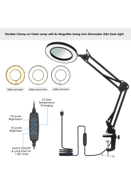 Neoglint Esnek Kelepçeli Masa Lambası 8x Büyüteç Salıncak Kolu Kısılabilir Led'ler Masa Lambası 3 Renk Modu ve 10 Parlaklık Seviyesi Okuma Çalışma Çalışma Işığı (Yurt Dışından) indirimleri