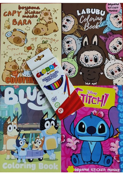 4 Adet Stickerli Boyama Kitabı 12 Li Kuru Boya Kalemi Hediyeli (Capybara/labubu/stitch/bluey )X05