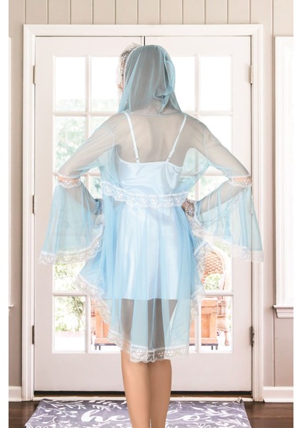 Mulvxbrf BRF02 Beyaz Turkuaz Tül Dantelli Sabahlık & Gecelik Takım 2' Li - 1478 (Mulvix) fiyatları