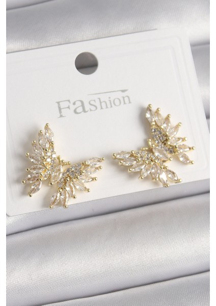 Mulvxxmd XDN02 Pirinç Gold Renk Zirkon Taşlı Kelebek Model Kadın Küpe (Mulvix)