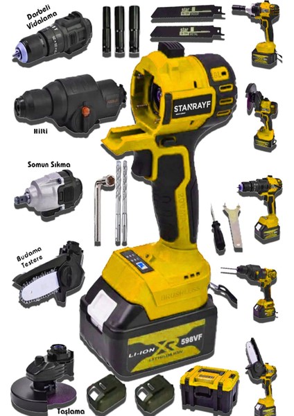 Alman 598 Vf 25 Ah 5 Kafalı Süper Set Darbeli Matkap Testere Taşlama Somun Sökme Hilti Çift Akü