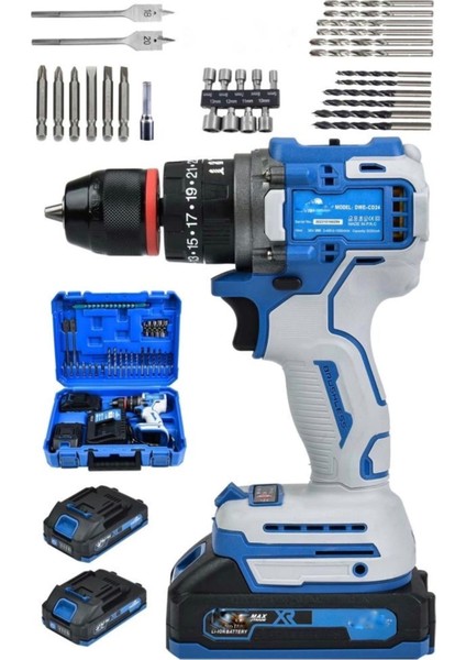 598 Rp Kömürsüz 10MM Akülü Vidalama Matkap 2800 Rpm Darbeli Akülü Vidalama 24 Parça Uç Seti Mavi